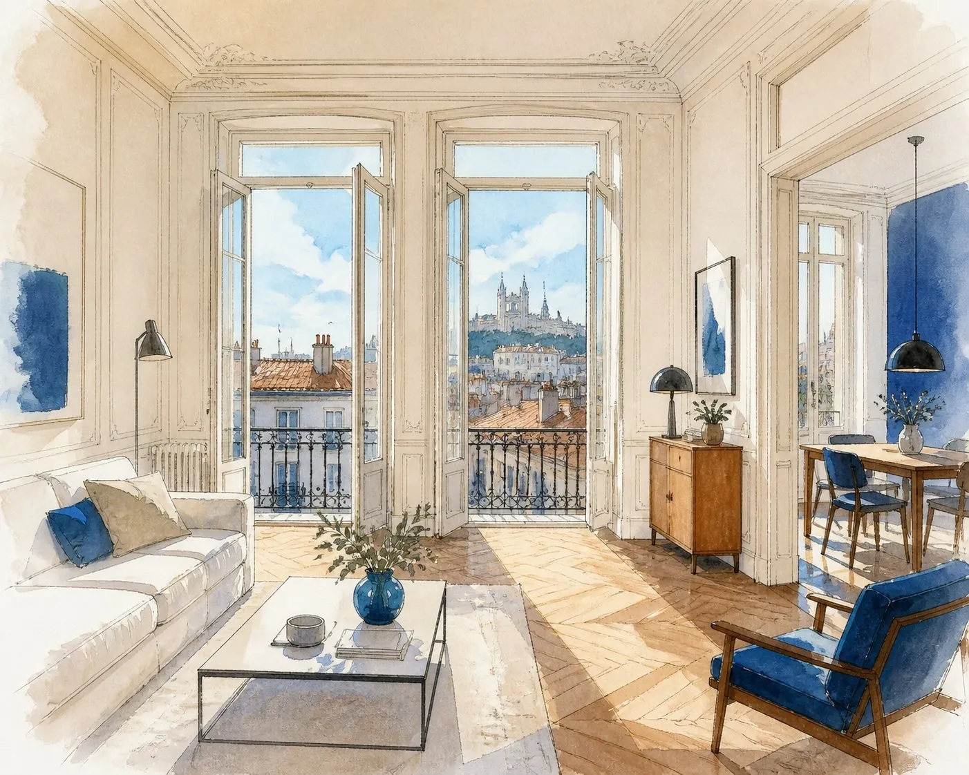 Aquarelle d'un appartement lyonnais lumineux