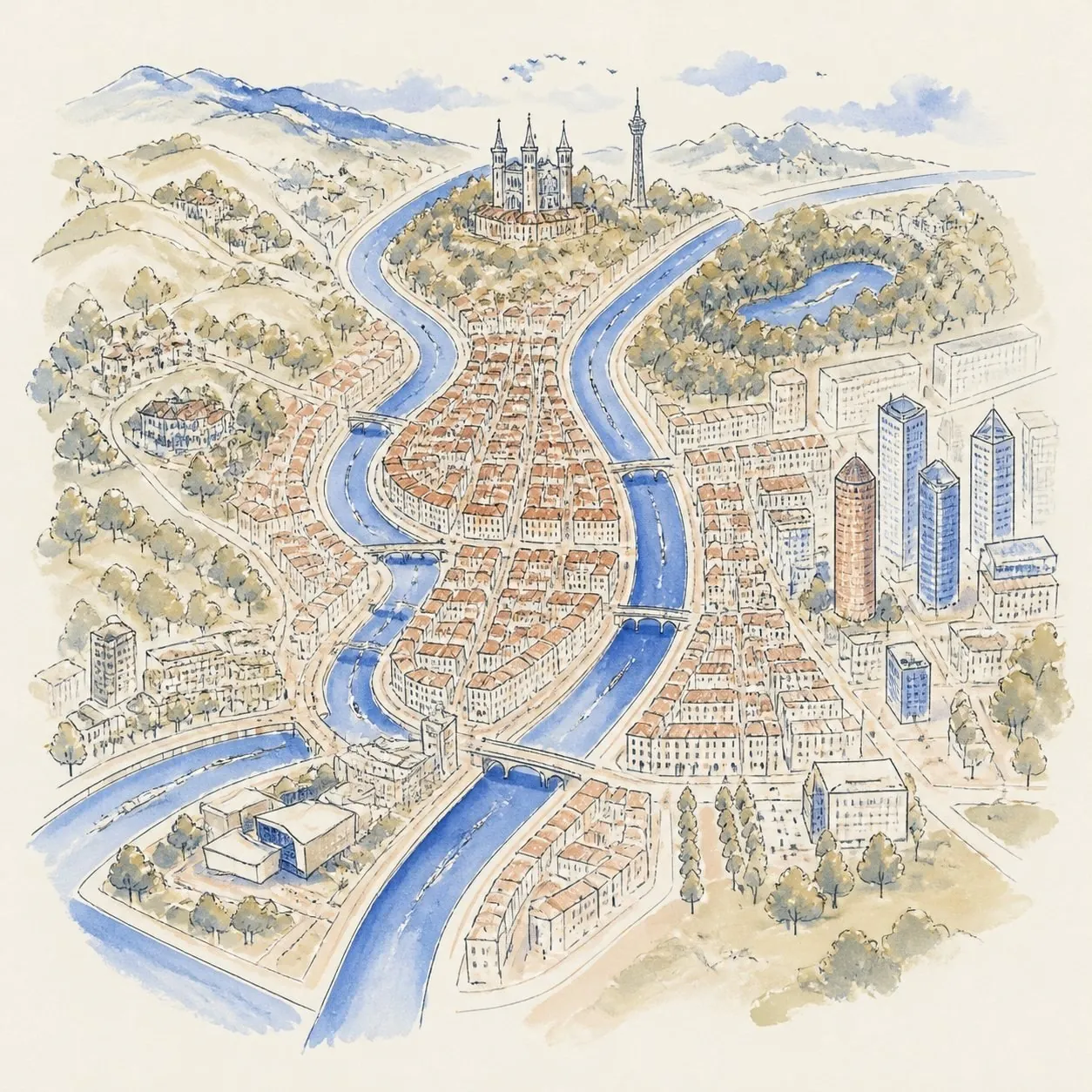 Carte illustrée de Lyon entre Rhône et Saône