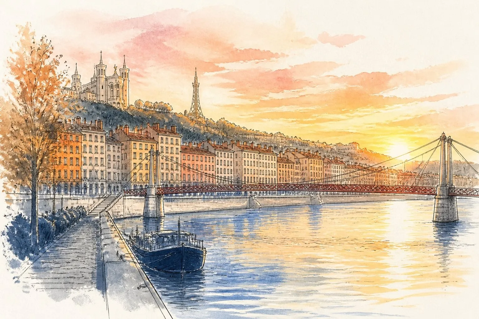 Aquarelle des quais de Saône au coucher du soleil, avec Fourvière