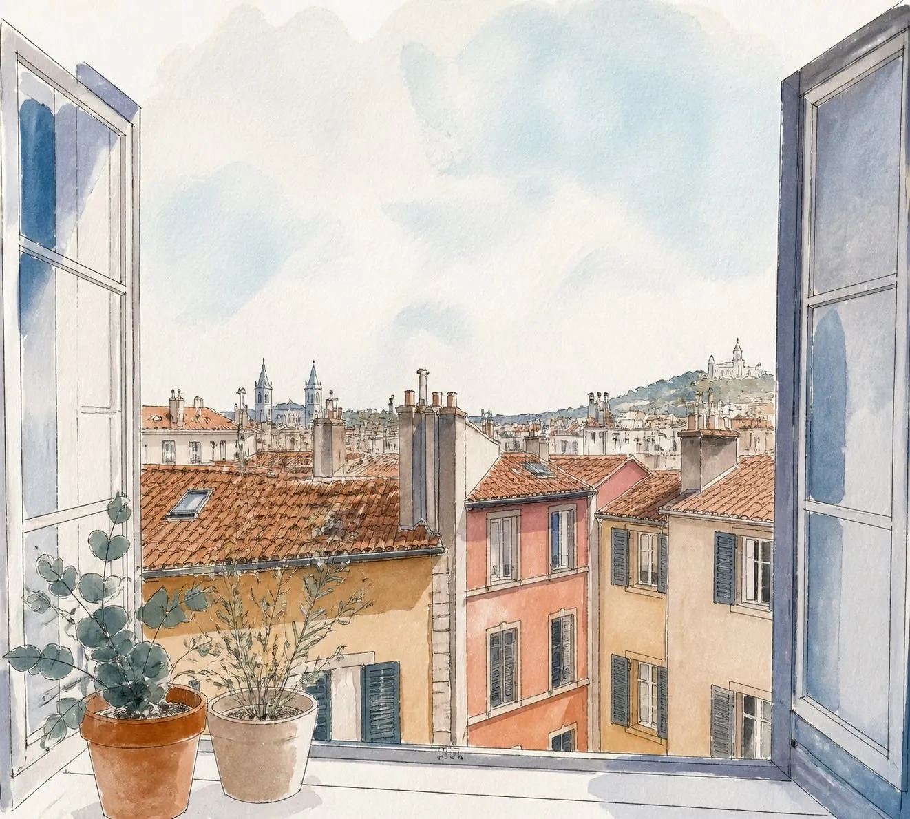 Aquarelle des toits de Lyon vus depuis une fenêtre ouverte