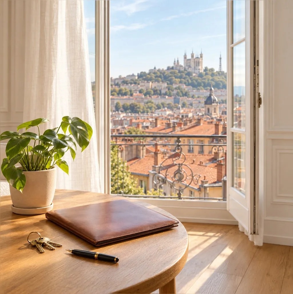Vue sur Fourvière et les toits de Lyon depuis une fenêtre ouverte